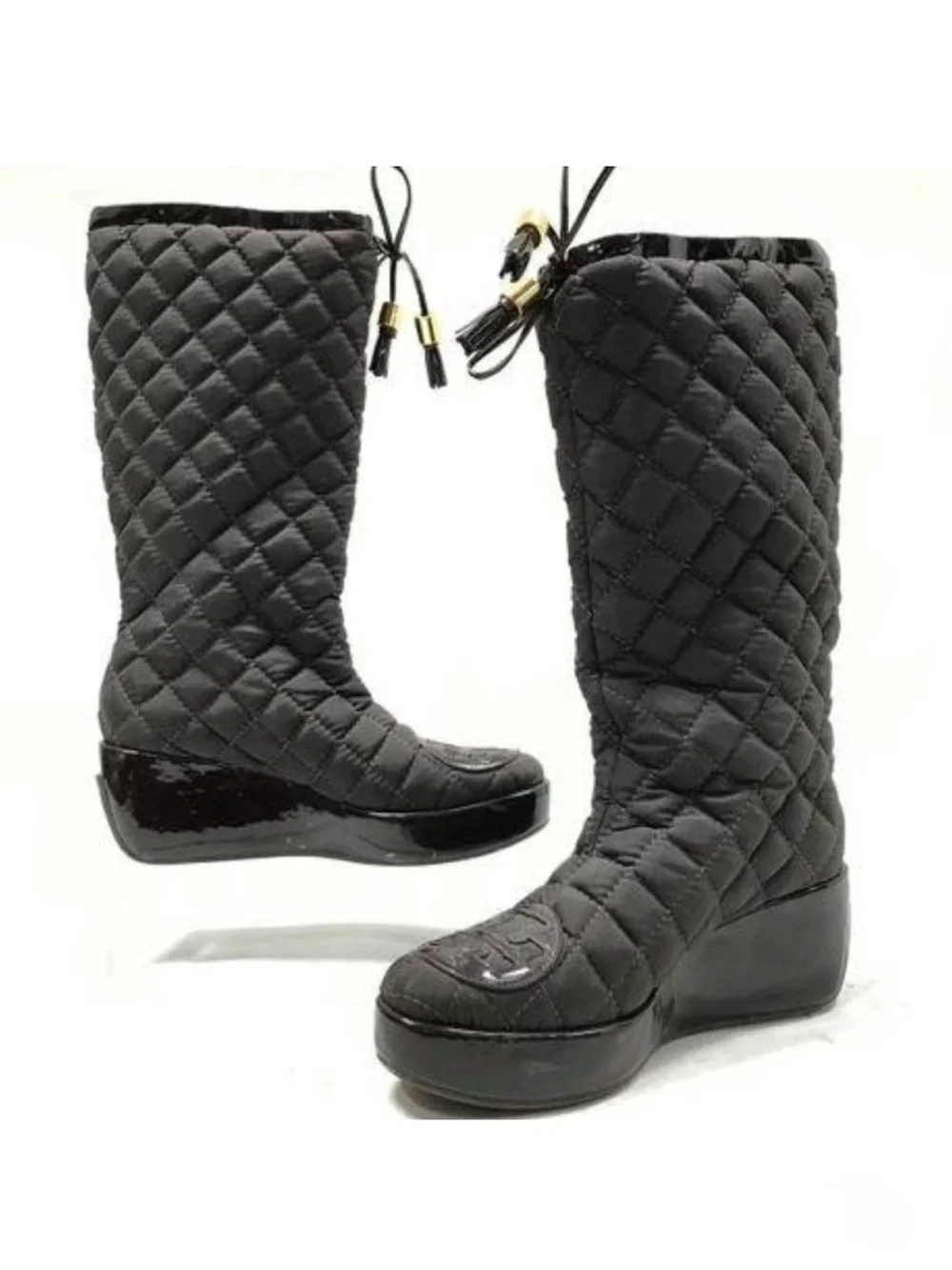 Tory Burch Gigi Black Quilted Wedge Boots Size 6.5